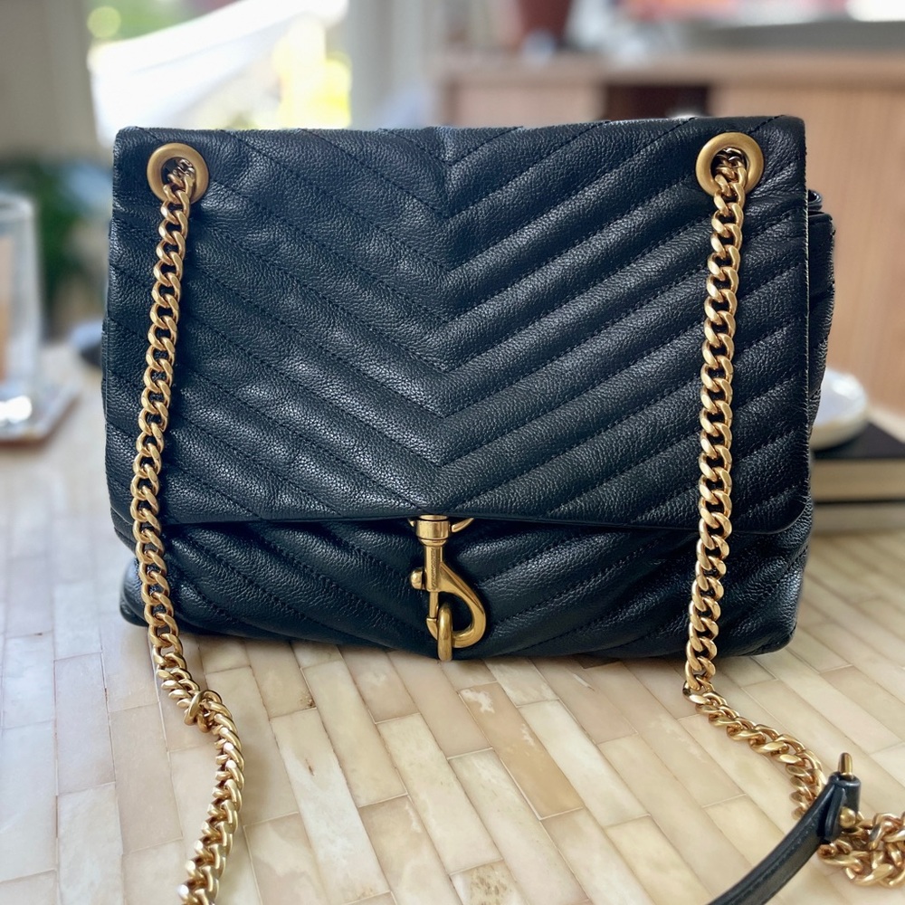 Rebecca Minkoff Black Chevron Shoulder Bag with Gold Chain